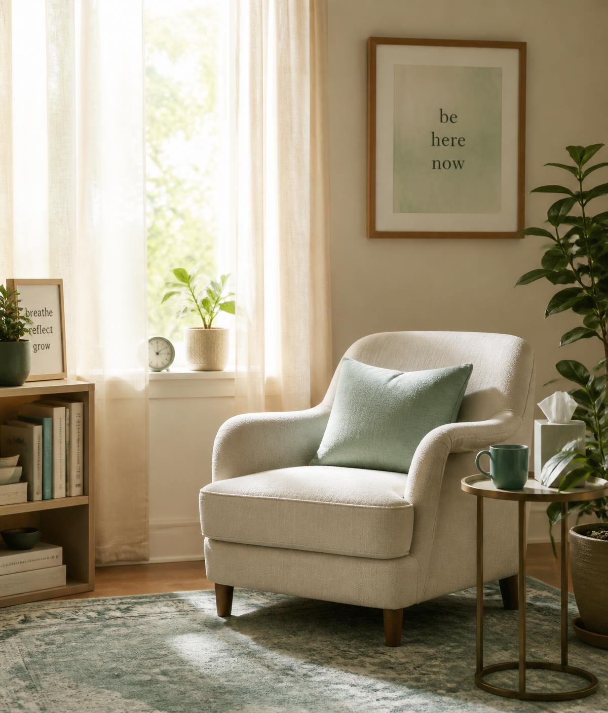 A calm, sunlit room with a chair and plant